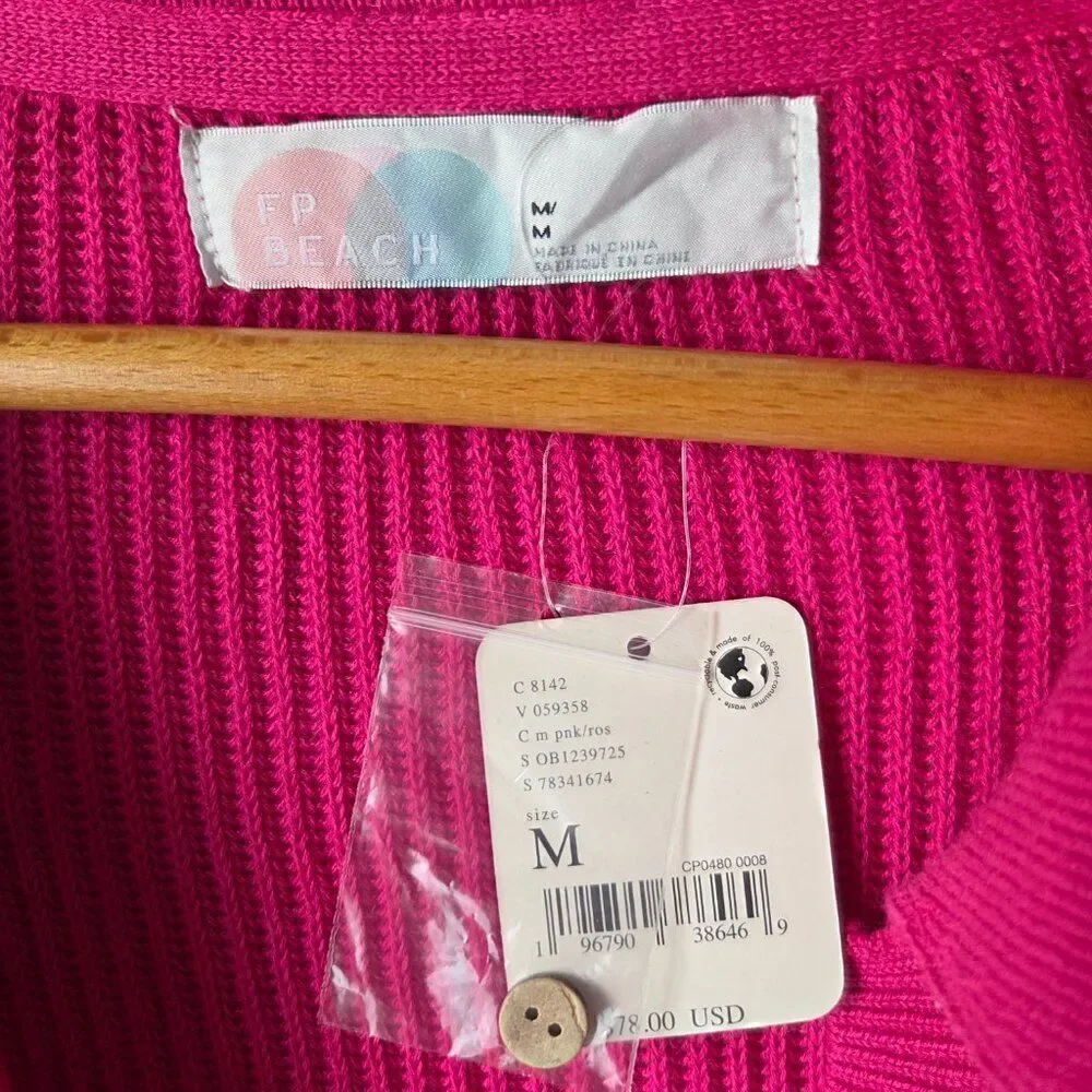 NWT FREE PEOPLE BEACH HOT PINK 1/2 BUTTONED LINEN/COTTON BLEND SWEATER SIZE M
